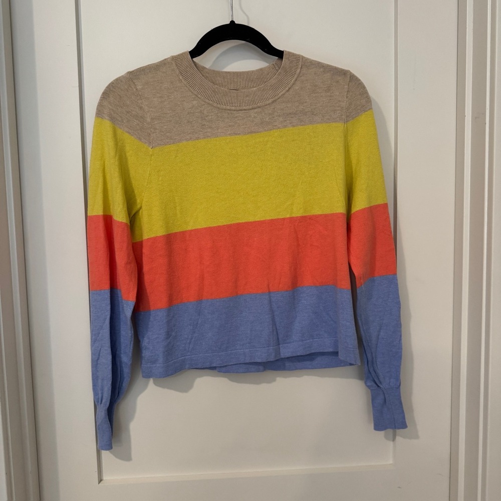 Lilla P Womens Striped Cotton Silk Blend Crew Neck Sweater POLP3239 Tan Blue XS